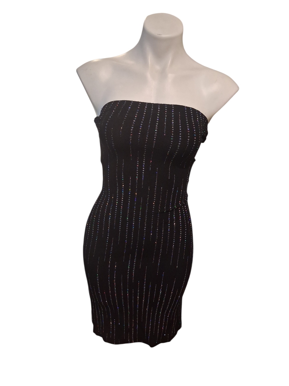 Wet Seal Black Strapless Bodycon Dress with Iridescent Vertical Beading
